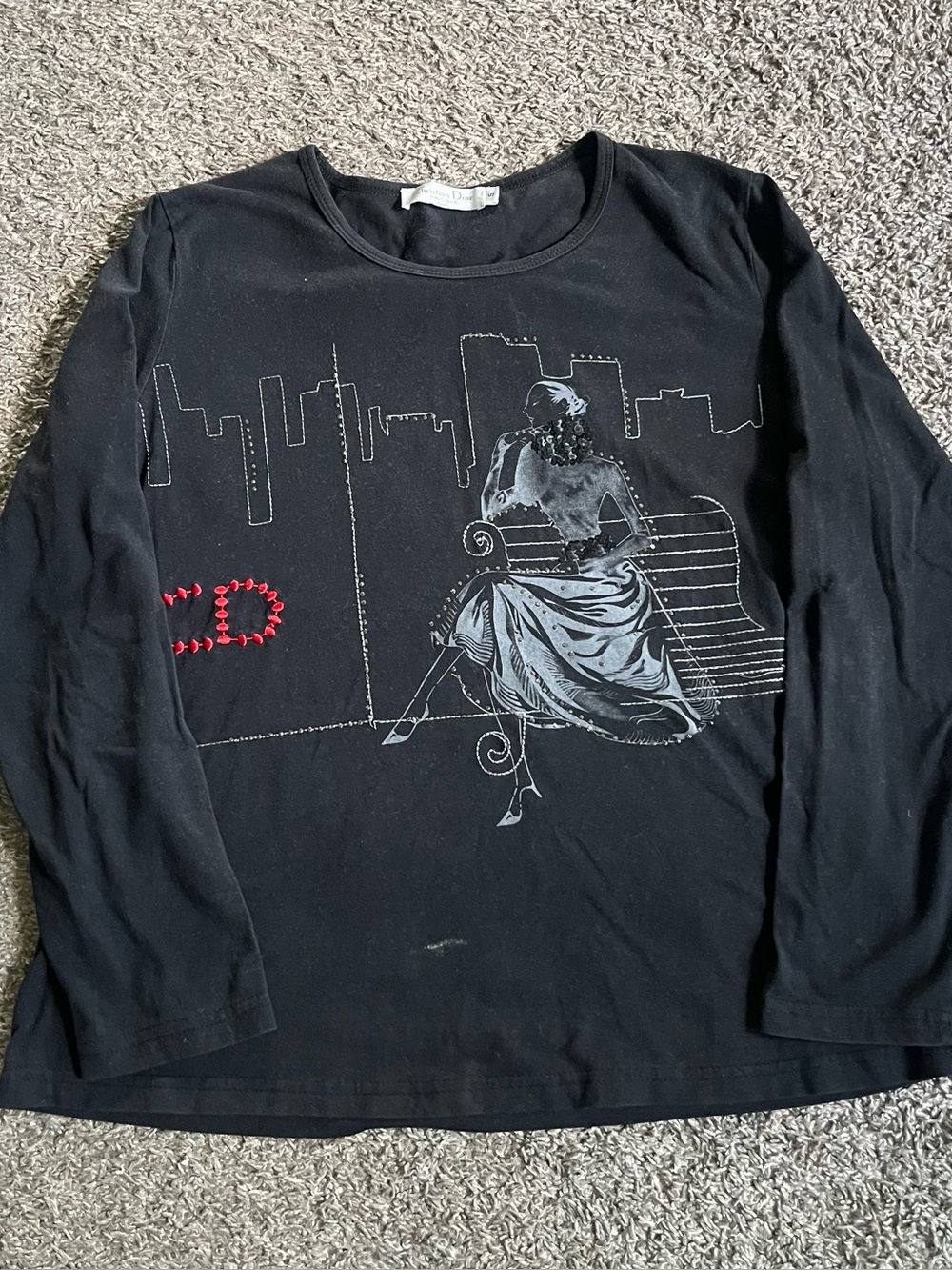 Vintage Christian Dior Long Sleeve Graphic T Shirt City Skyline Embroidered